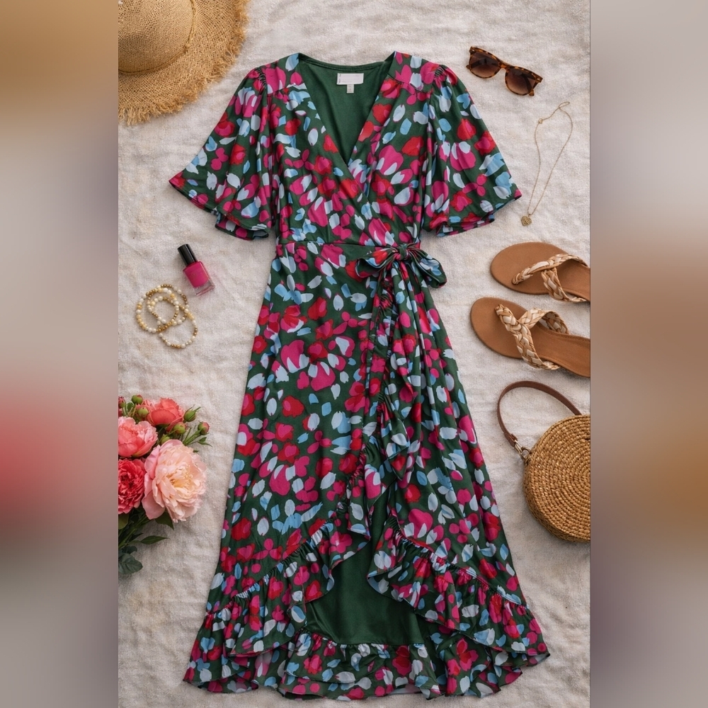 NWT Sugarlips Maxi Wrap Floral Poly S Sleeve Summer Party Dress. Ladies Small